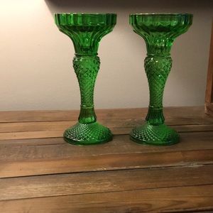 Vintage Green Cut Glass Candleholders (Pair)